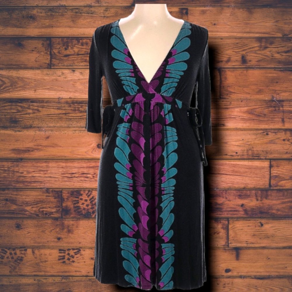 Black VNeck Midi Dress w/ 3/4 Length Sleeves & Blue & Purple Print Down Middle